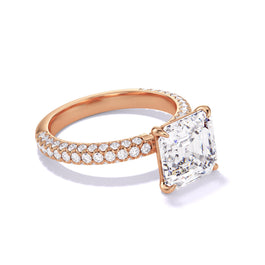 ASSCHER CUT DIAMOND ENGAGEMENT RING WITH A CLASSIC 4 PRONG THREE PHASES TRIPLE PAVE SETTING IN 18K ROSE GOLD