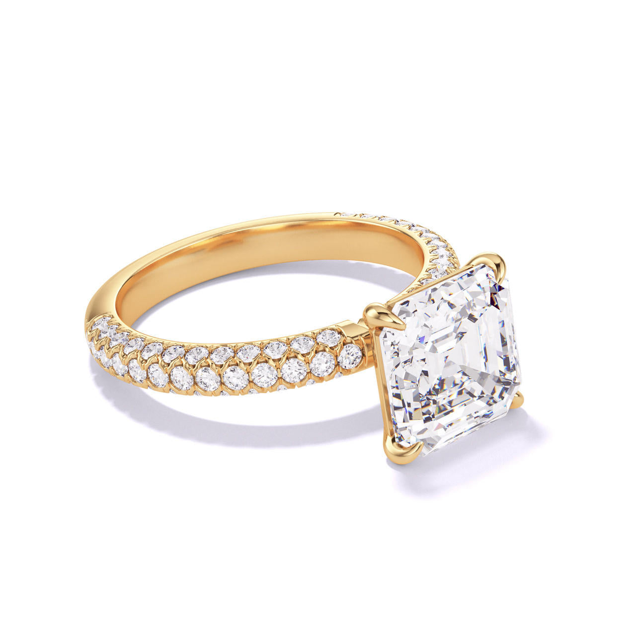 ASSCHER CUT DIAMOND ENGAGEMENT RING WITH A CLASSIC 4 PRONG THREE PHASES TRIPLE PAVE SETTING IN 18K YELLOW GOLD