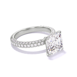 ASSCHER CUT DIAMOND ENGAGEMENT RING WITH A CLASSIC 4 PRONG THREE PHASES TRIPLE PAVE SETTING IN PLATINUM