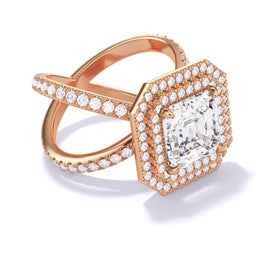 ASSCHER CUT DIAMOND ENGAGEMENT RING WITH A DOUBLE HALO AXIS PAVE SETTING IN 18K ROSE GOLD