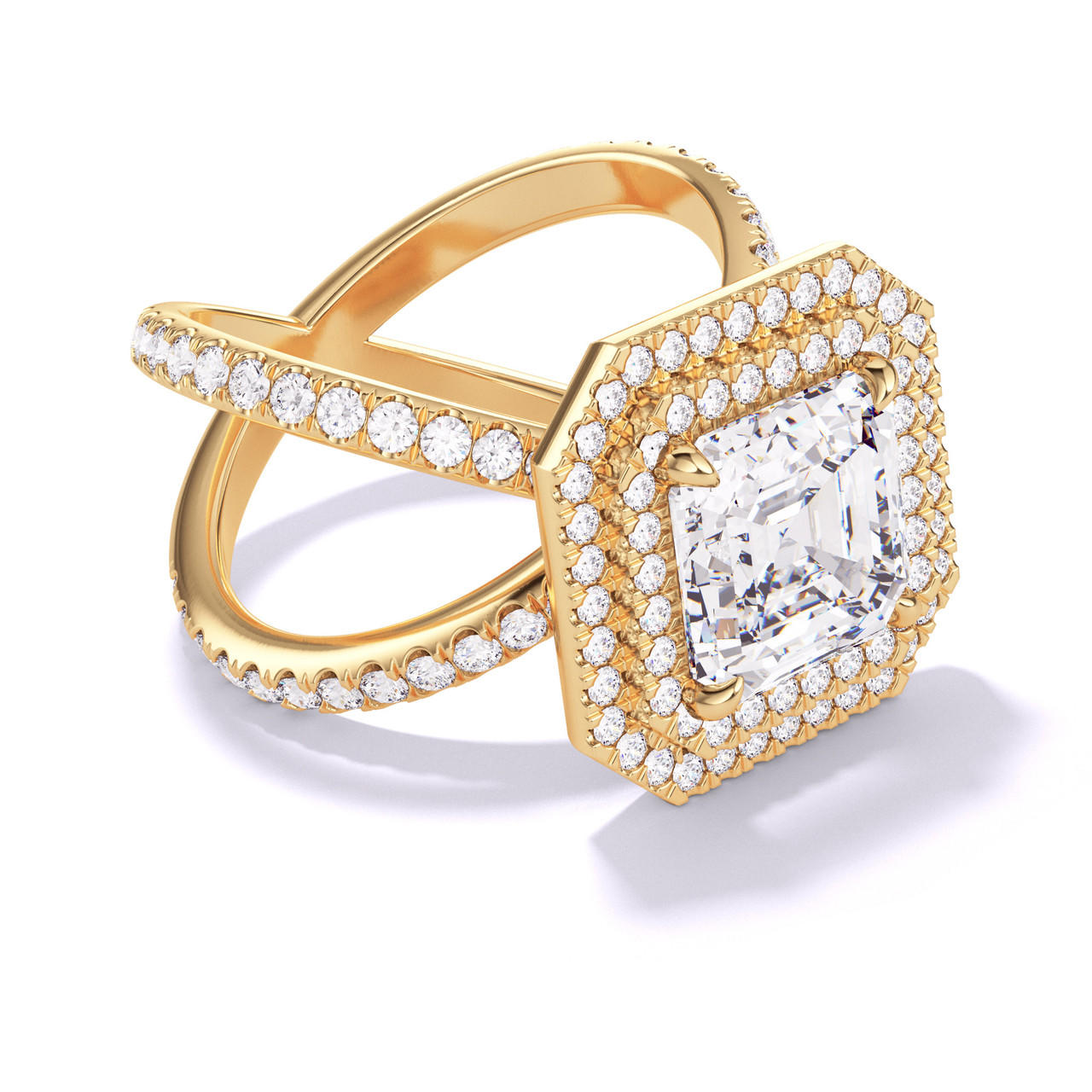 ASSCHER CUT DIAMOND ENGAGEMENT RING WITH A DOUBLE HALO AXIS PAVE SETTING IN 18K YELLOW GOLD