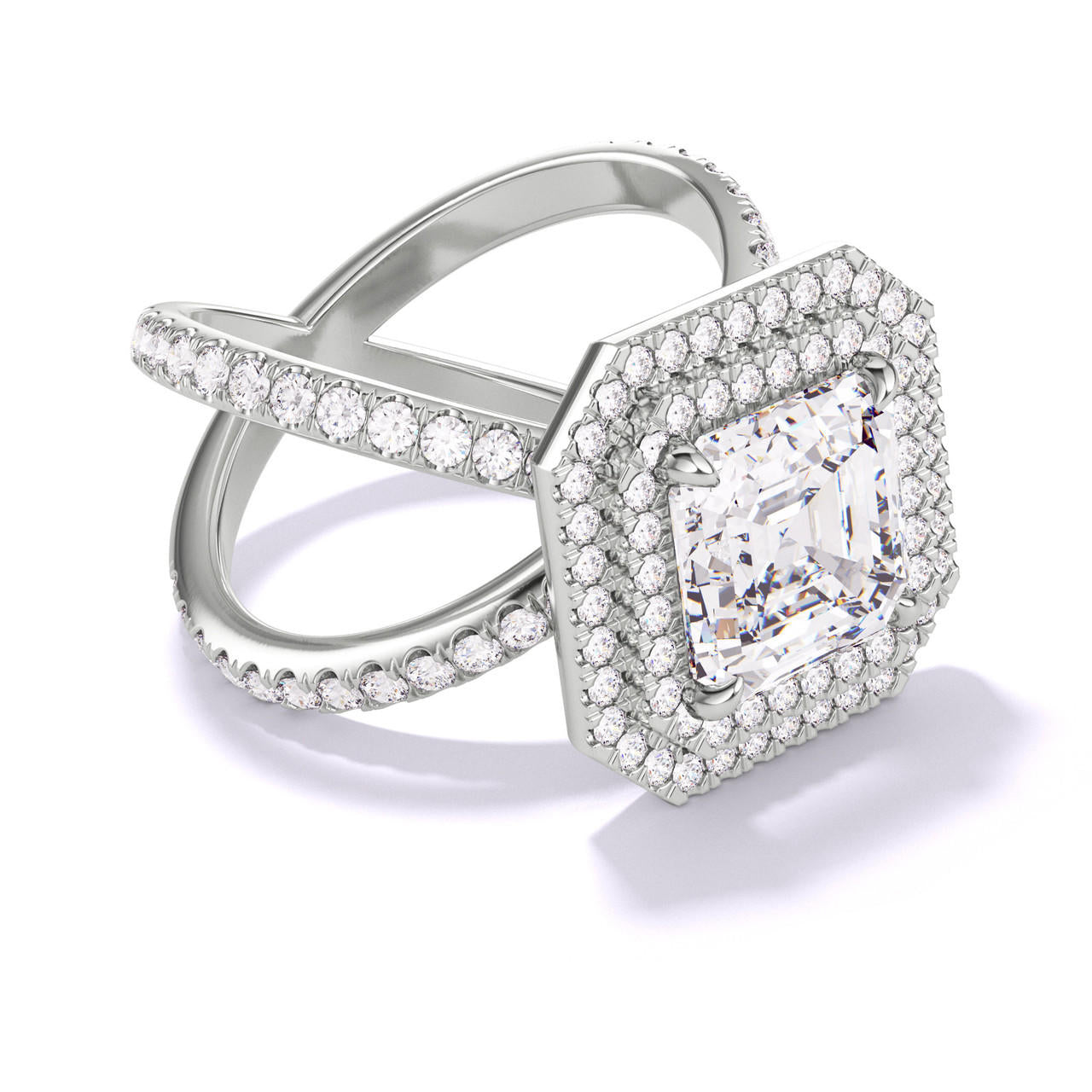 ASSCHER CUT DIAMOND ENGAGEMENT RING WITH A DOUBLE HALO AXIS PAVE SETTING IN PLATINUM