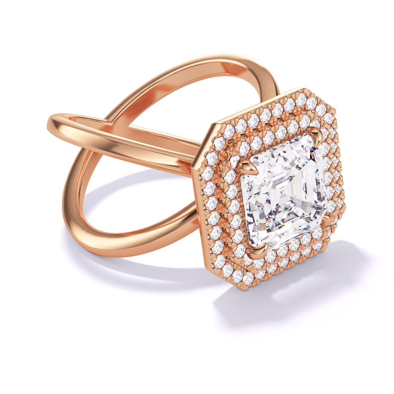 ASSCHER CUT DIAMOND ENGAGEMENT RING WITH A DOUBLE HALO AXIS SETTING IN 18K ROSE GOLD