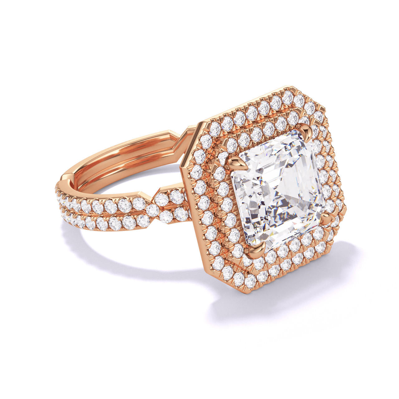 ASSCHER CUT DIAMOND ENGAGEMENT RING WITH A DOUBLE HALO CHANCE PAVE SETTING IN 18K ROSE GOLD