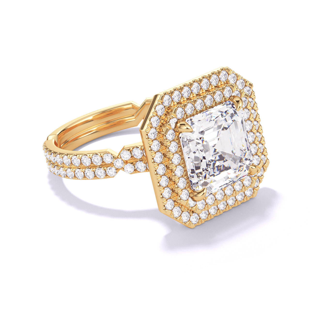 ASSCHER CUT DIAMOND ENGAGEMENT RING WITH A DOUBLE HALO CHANCE PAVE SETTING IN 18K YELLOW GOLD