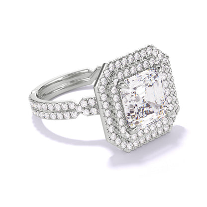 ASSCHER CUT DIAMOND ENGAGEMENT RING WITH A DOUBLE HALO CHANCE PAVE SETTING IN PLATINUM