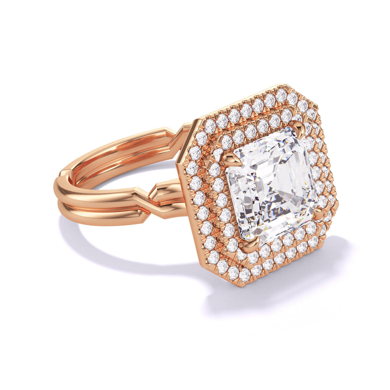 ASSCHER CUT DIAMOND ENGAGEMENT RING WITH A DOUBLE HALO CHANCE SETTING IN 18K ROSE GOLD