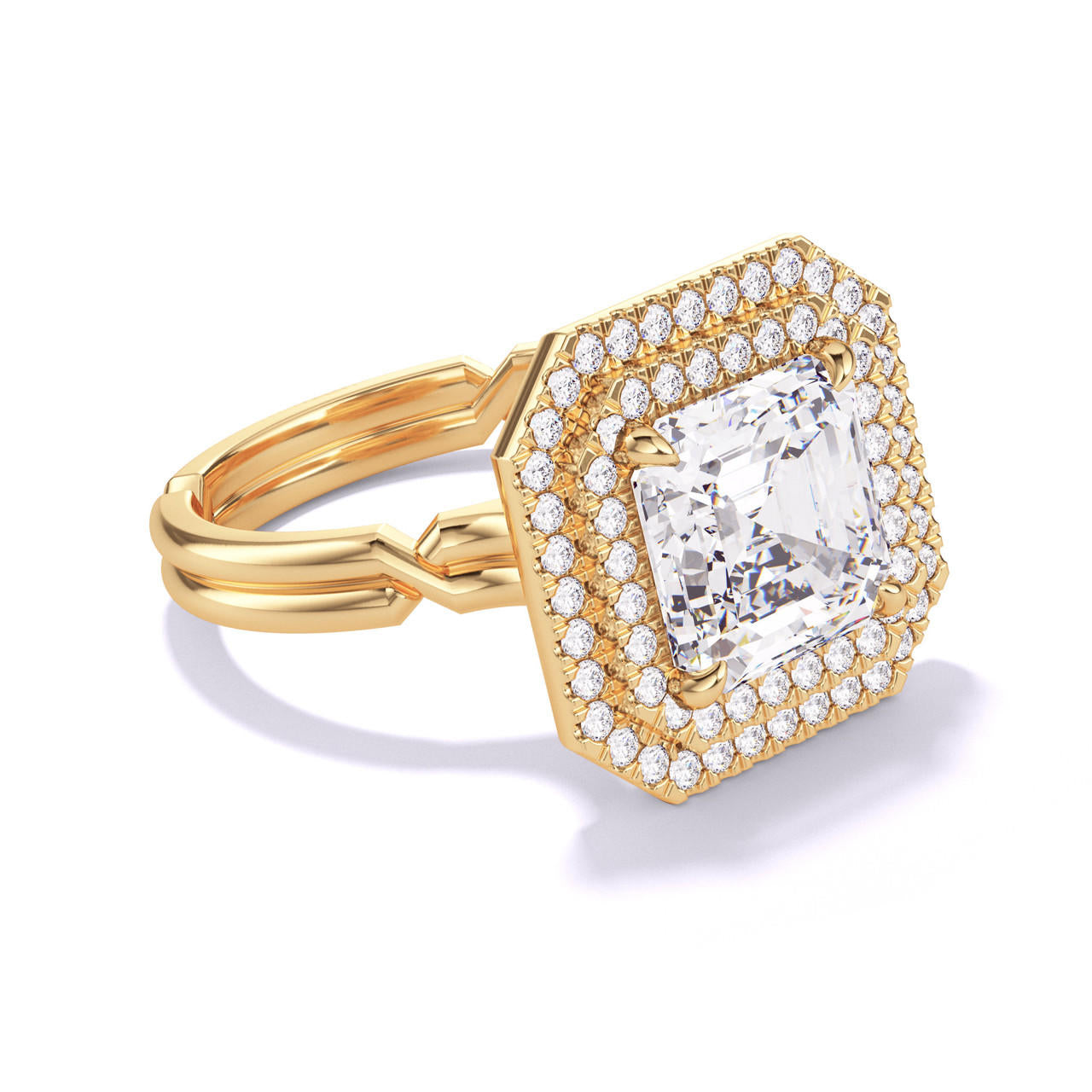 ASSCHER CUT DIAMOND ENGAGEMENT RING WITH A DOUBLE HALO CHANCE SETTING IN 18K YELLOW GOLD