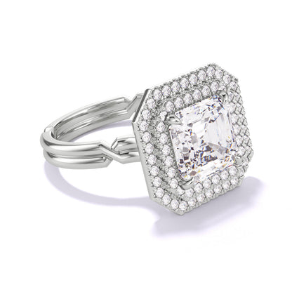 ASSCHER CUT DIAMOND ENGAGEMENT RING WITH A DOUBLE HALO CHANCE SETTING IN PLATINUM