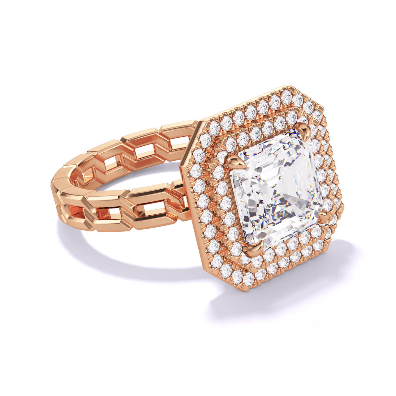 ASSCHER CUT DIAMOND ENGAGEMENT RING WITH A DOUBLE HALO 16 LINKS SETTING IN 18K ROSE GOLD