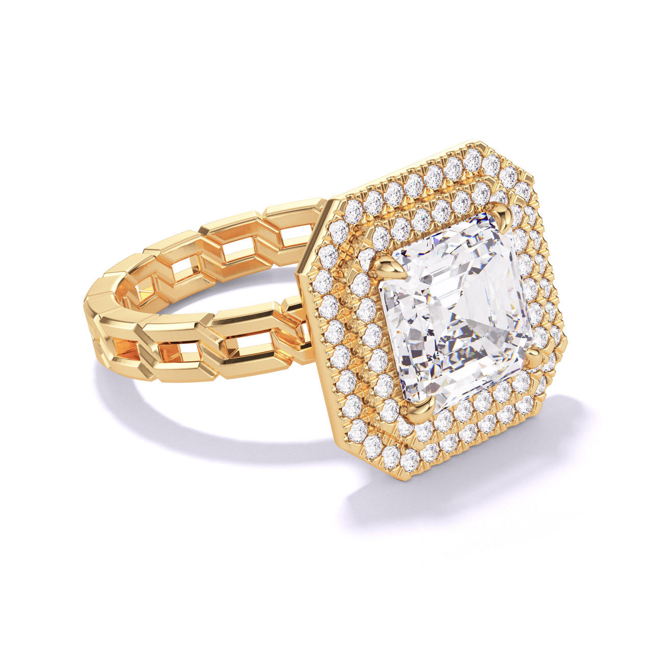 ASSCHER CUT DIAMOND ENGAGEMENT RING WITH A DOUBLE HALO 16 LINKS SETTING IN 18K YELLOW GOLD