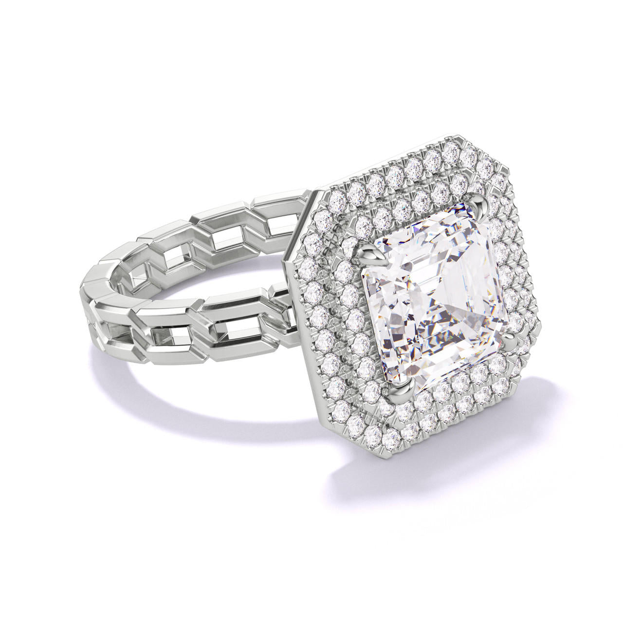 ASSCHER CUT DIAMOND ENGAGEMENT RING WITH A DOUBLE HALO 16 LINKS SETTING IN PLATINUM