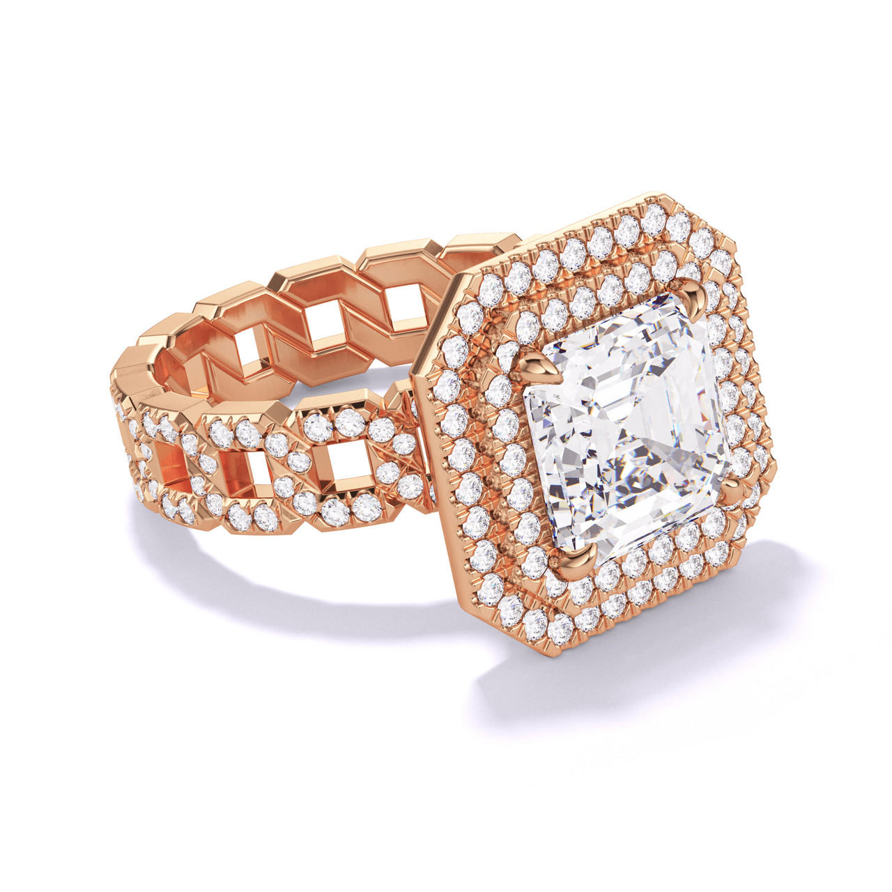 ASSCHER CUT DIAMOND ENGAGEMENT RING WITH A DOUBLE HALO 16 PAVE LINKS SETTING IN 18K ROSE GOLD