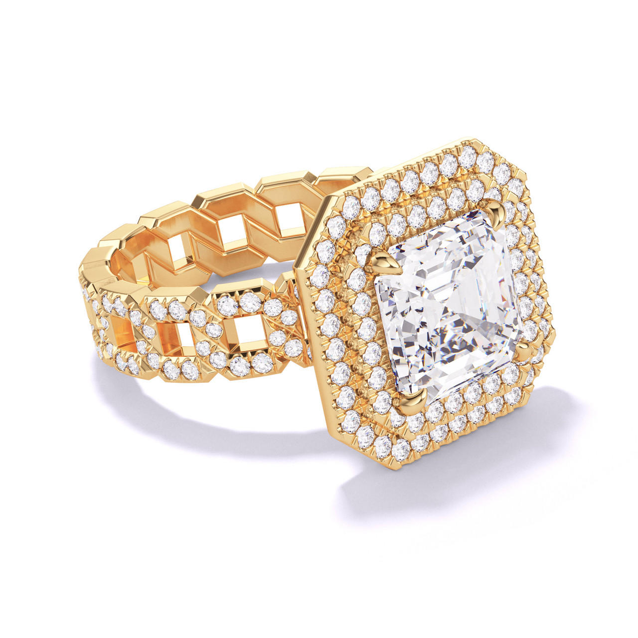 ASSCHER CUT DIAMOND ENGAGEMENT RING WITH A DOUBLE HALO 16 PAVE LINKS SETTING IN 18K YELLOW GOLD