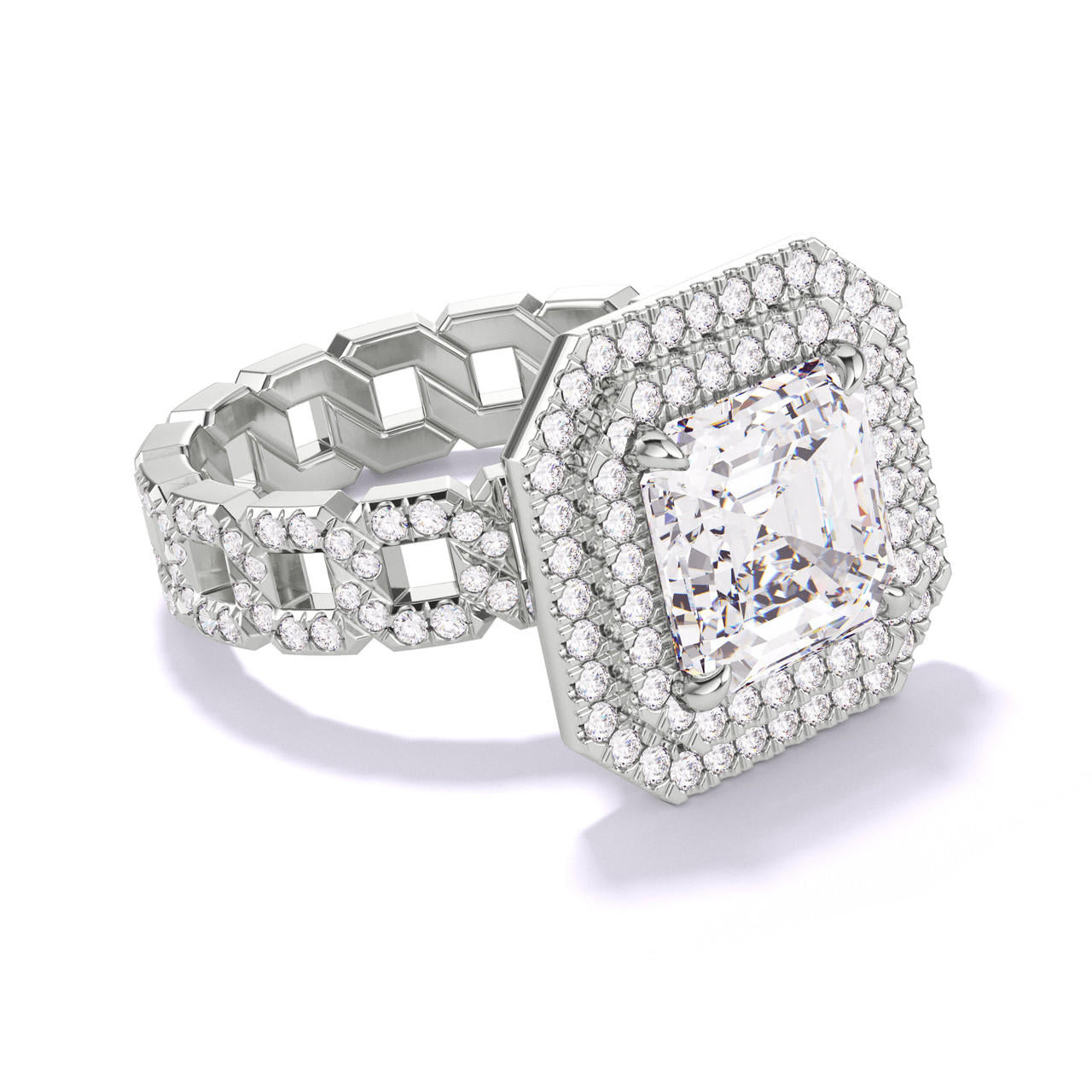 ASSCHER CUT DIAMOND ENGAGEMENT RING WITH A DOUBLE HALO 16 PAVE LINKS SETTING IN PLATINUM