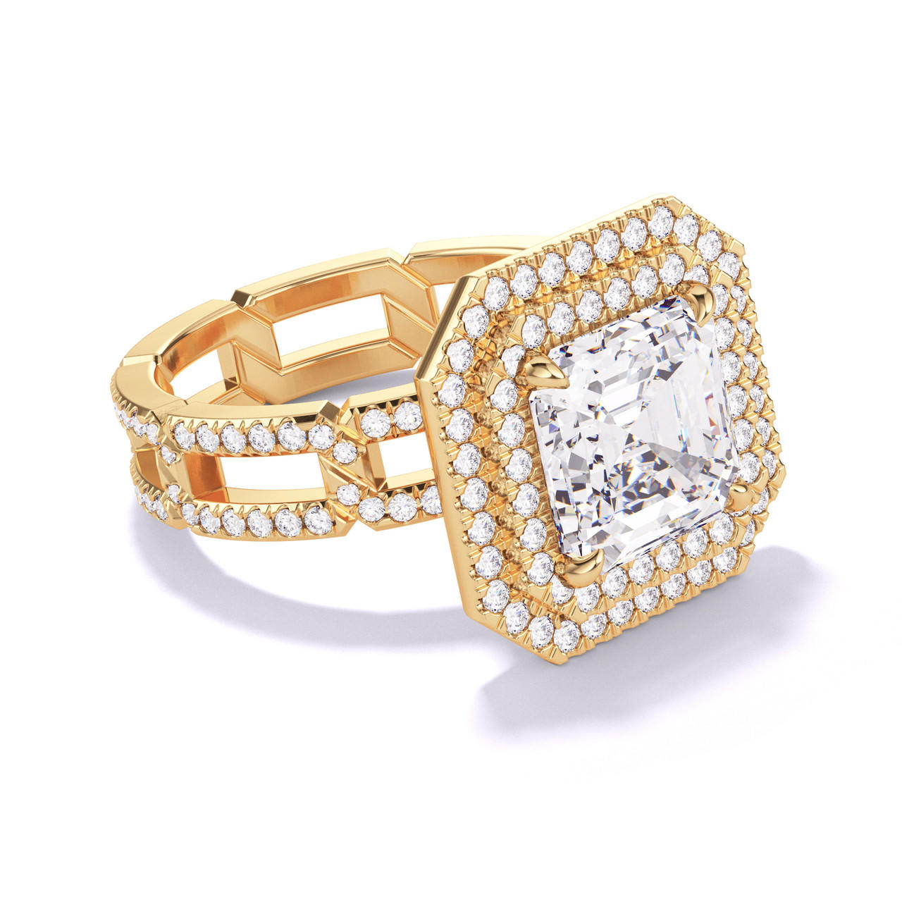 ASSCHER CUT DIAMOND ENGAGEMENT RING WITH A DOUBLE HALO 8 PAVE LINKS SETTING IN 18K YELLOW GOLD