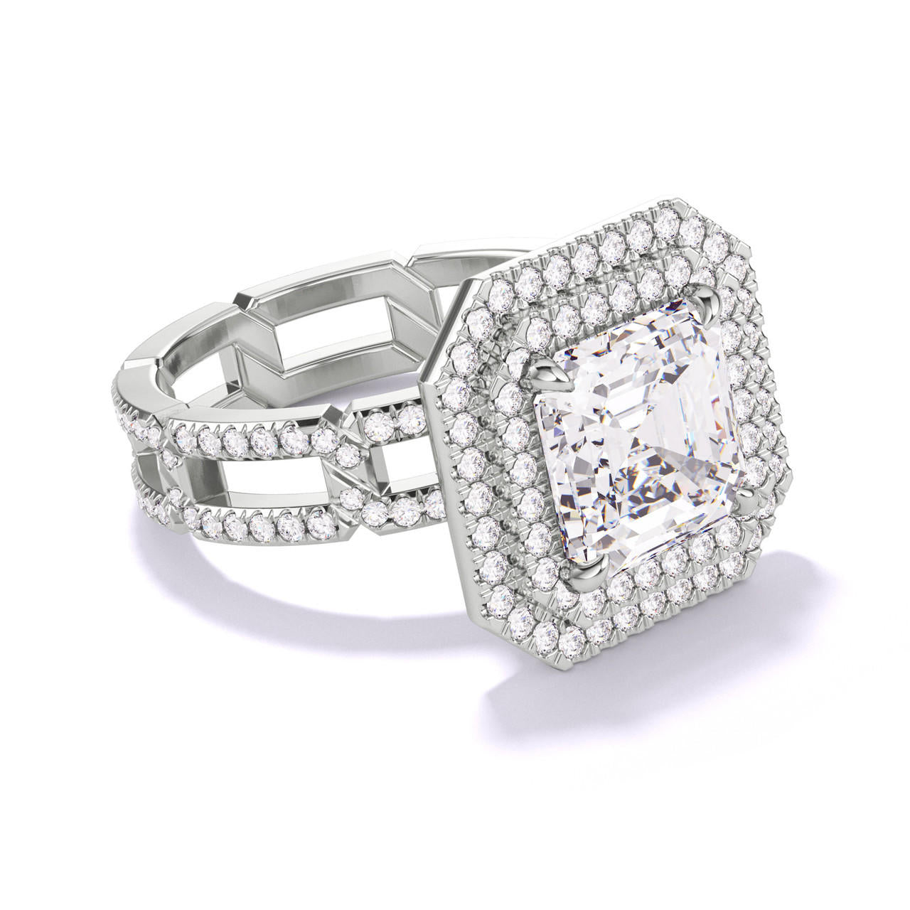 ASSCHER CUT DIAMOND ENGAGEMENT RING WITH A DOUBLE HALO 8 PAVE LINKS SETTING IN PLATINUM