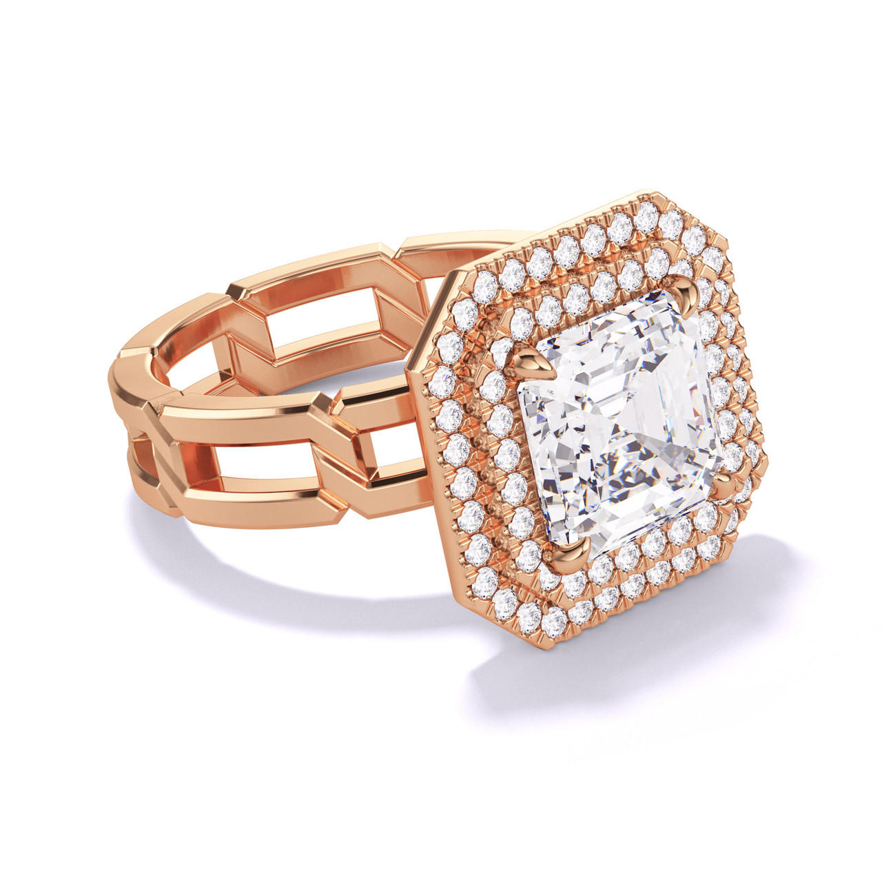 ASSCHER CUT DIAMOND ENGAGEMENT RING WITH A DOUBLE HALO 8 LINKS SETTING IN 18K ROSE GOLD