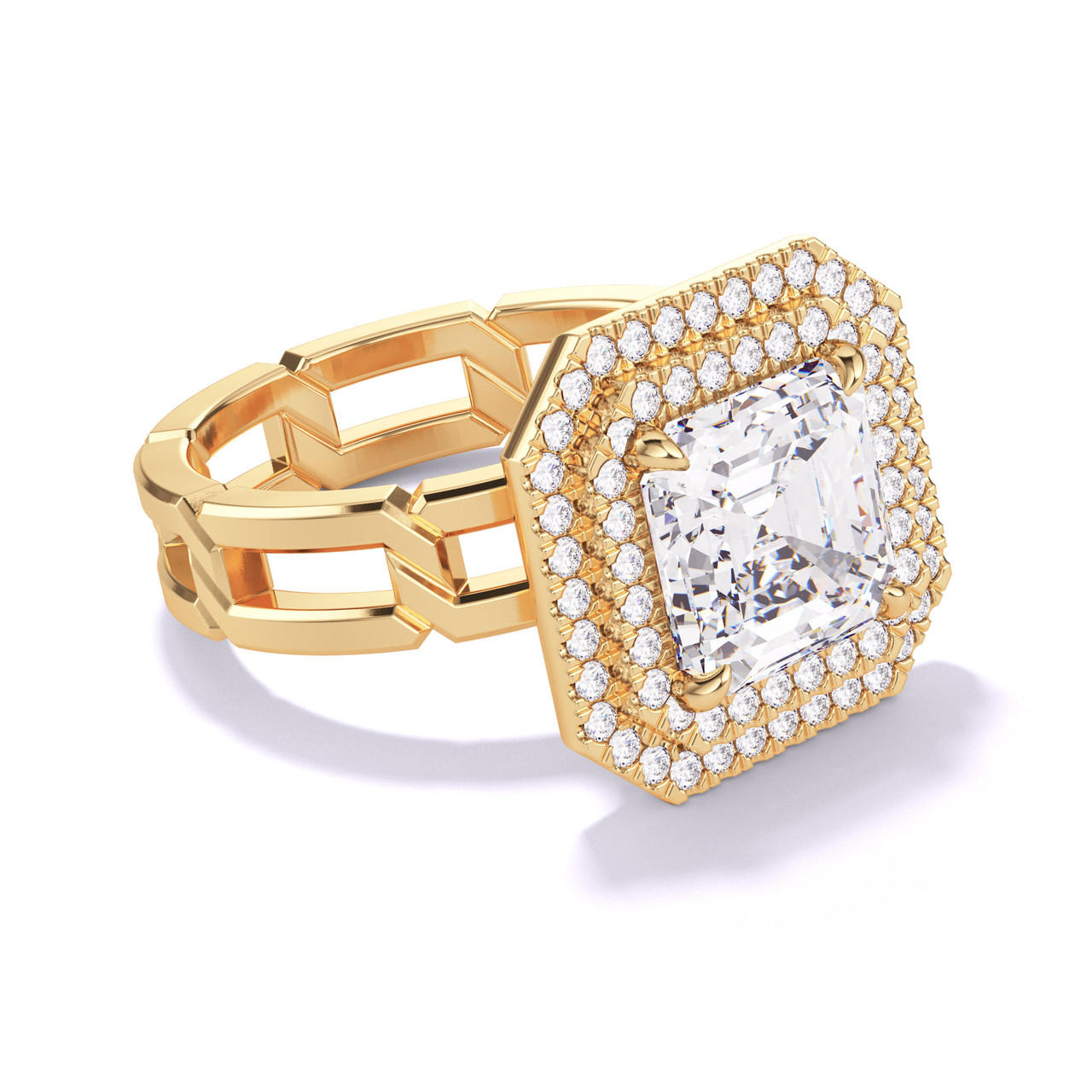 ASSCHER CUT DIAMOND ENGAGEMENT RING WITH A DOUBLE HALO 8 LINKS SETTING IN 18K YELLOW GOLD