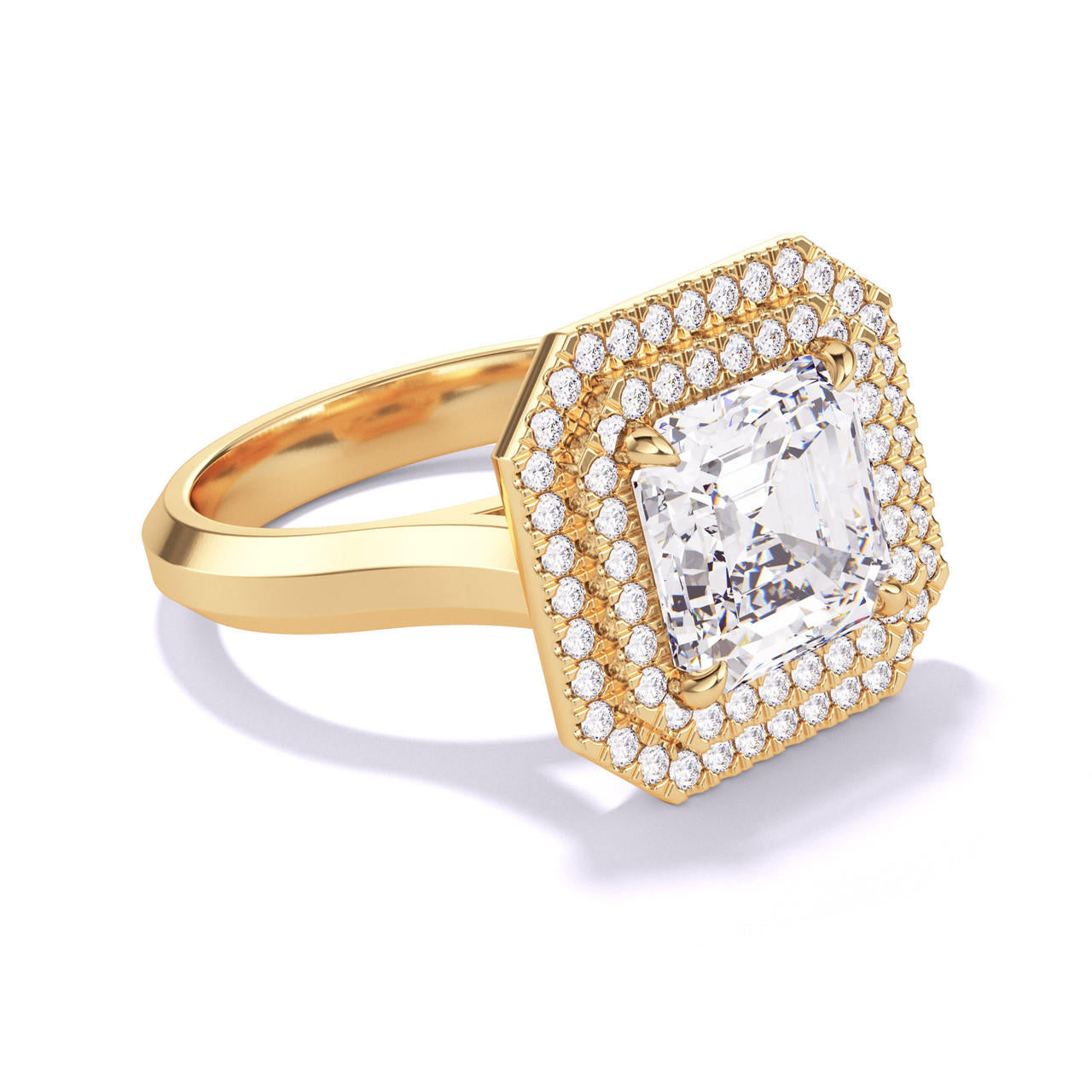 ASSCHER CUT DIAMOND ENGAGEMENT RING WITH A DOUBLE HALO THREE PHASES SETTING IN 18K YELLOW GOLD