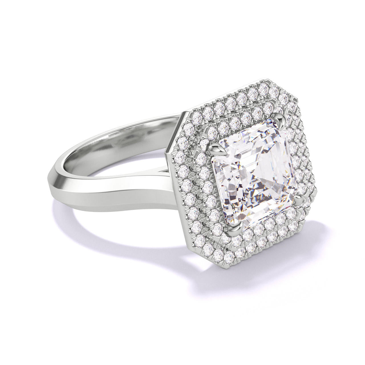 ASSCHER CUT DIAMOND ENGAGEMENT RING WITH A DOUBLE HALO THREE PHASES SETTING IN PLATINUM