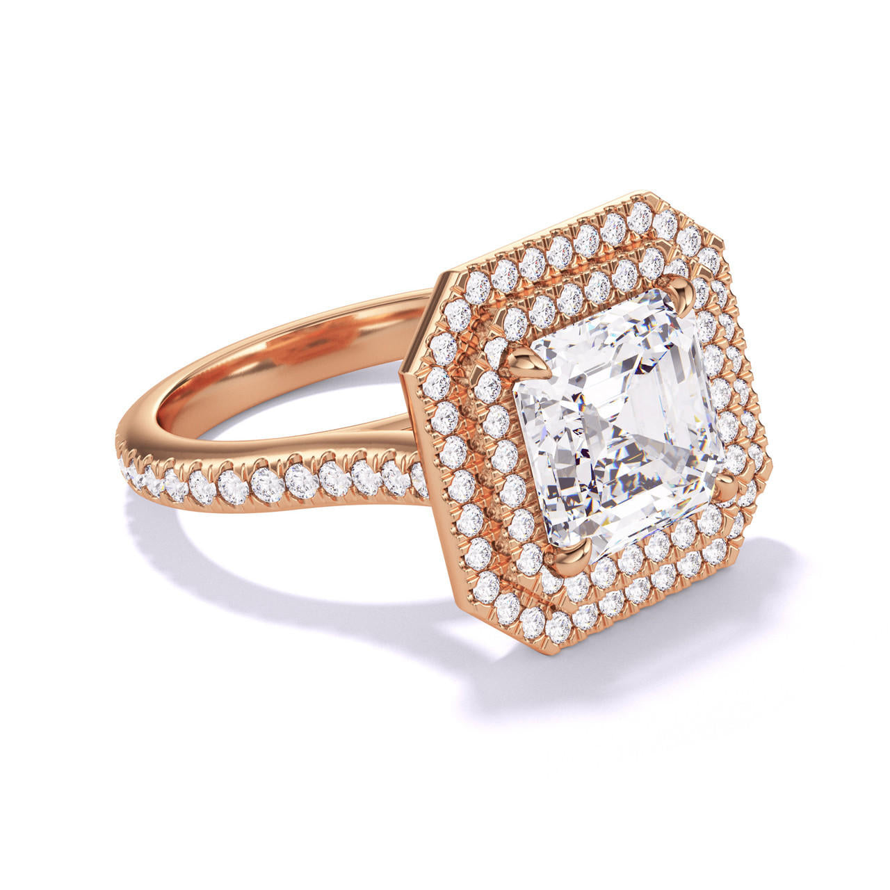 ASSCHER CUT DIAMOND ENGAGEMENT RING WITH A DOUBLE HALO THREE PHASES PAVE SETTING IN 18K ROSE GOLD