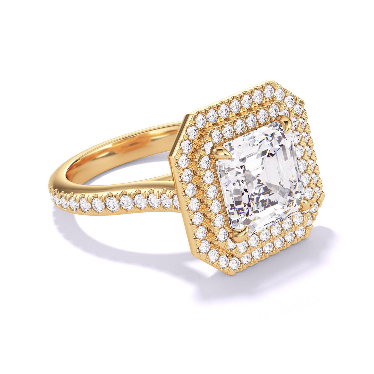 ASSCHER CUT DIAMOND ENGAGEMENT RING WITH A DOUBLE HALO THREE PHASES PAVE SETTING IN 18K YELLOW GOLD