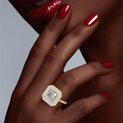 ASSCHER CUT DIAMOND ENGAGEMENT RING WITH A DOUBLE HALO THREE PHASES PAVE SETTING IN 18K YELLOW GOLD