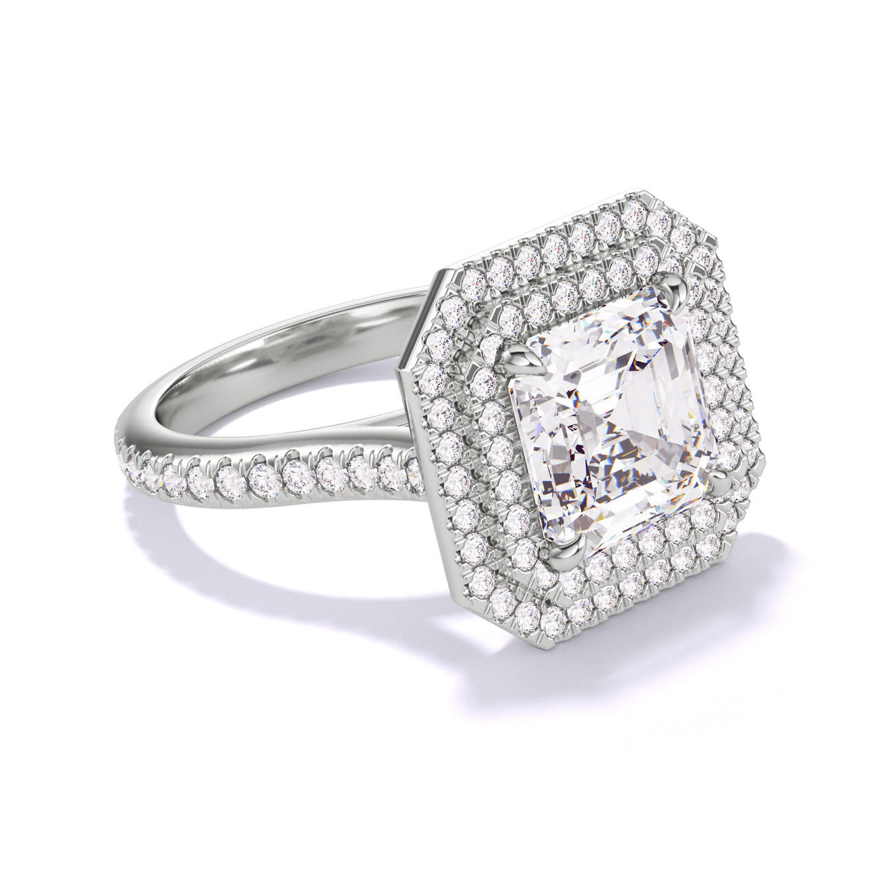 ASSCHER CUT DIAMOND ENGAGEMENT RING WITH A DOUBLE HALO THREE PHASES PAVE SETTING IN PLATINUM