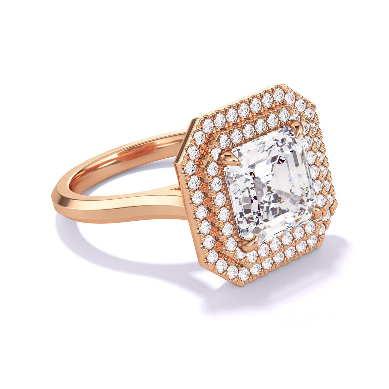 ASSCHER CUT DIAMOND ENGAGEMENT RING WITH A DOUBLE HALO THREE PHASES SLIM SETTING IN 18K ROSE GOLD