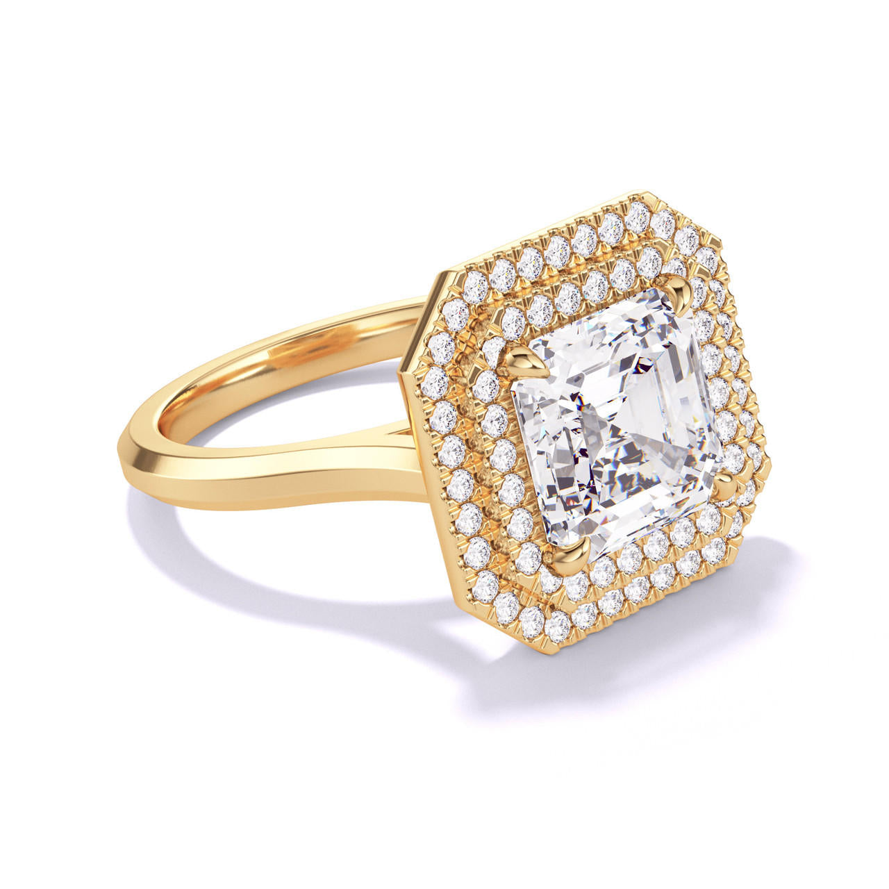 ASSCHER CUT DIAMOND ENGAGEMENT RING WITH A DOUBLE HALO THREE PHASES SLIM SETTING IN 18K YELLOW GOLD