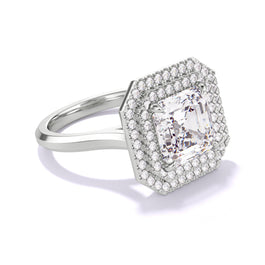 ASSCHER CUT DIAMOND ENGAGEMENT RING WITH A DOUBLE HALO THREE PHASES SLIM SETTING IN PLATINUM