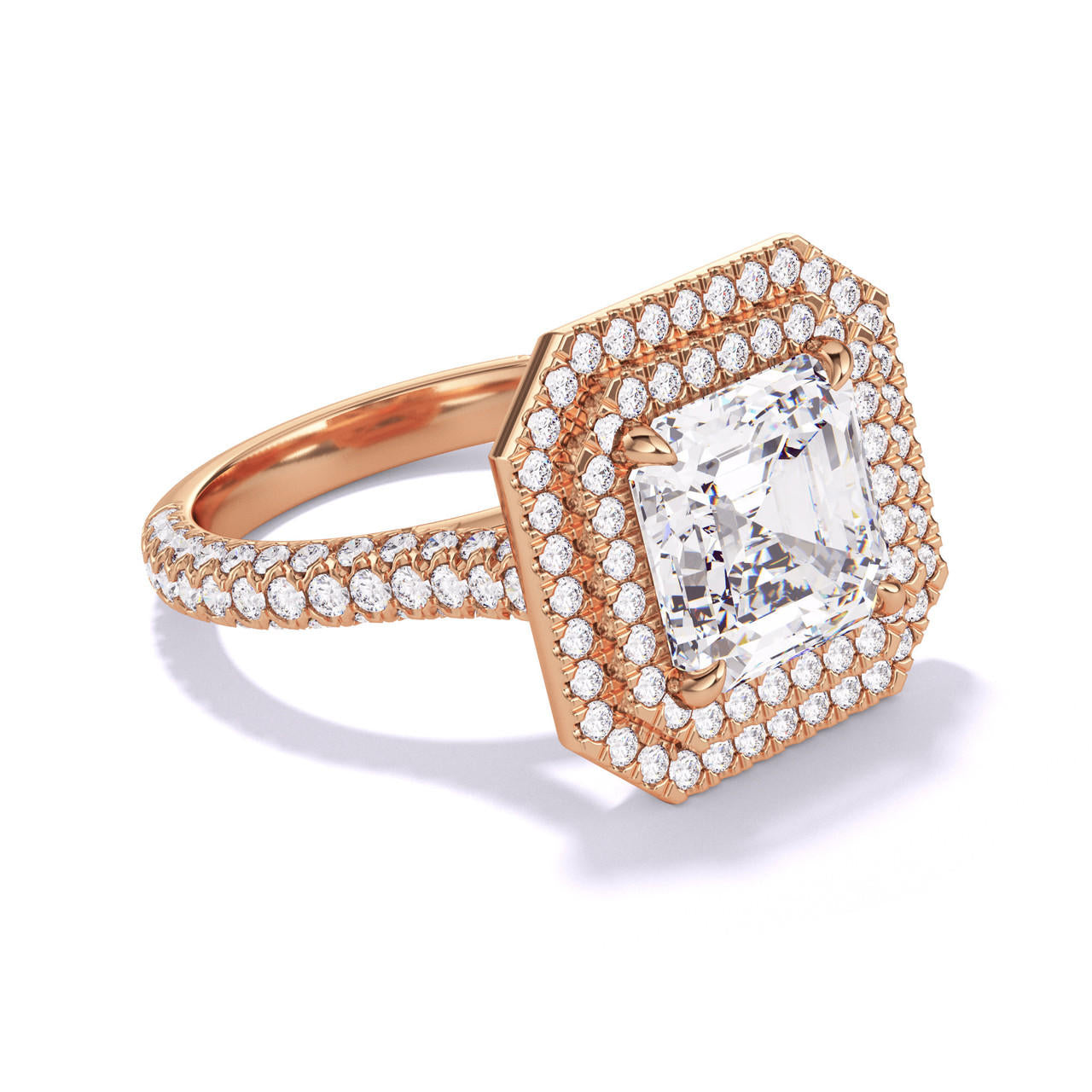 ASSCHER CUT DIAMOND ENGAGEMENT RING WITH A DOUBLE HALO THREE PHASES TRIPLE PAVE SETTING IN 18K ROSE GOLD