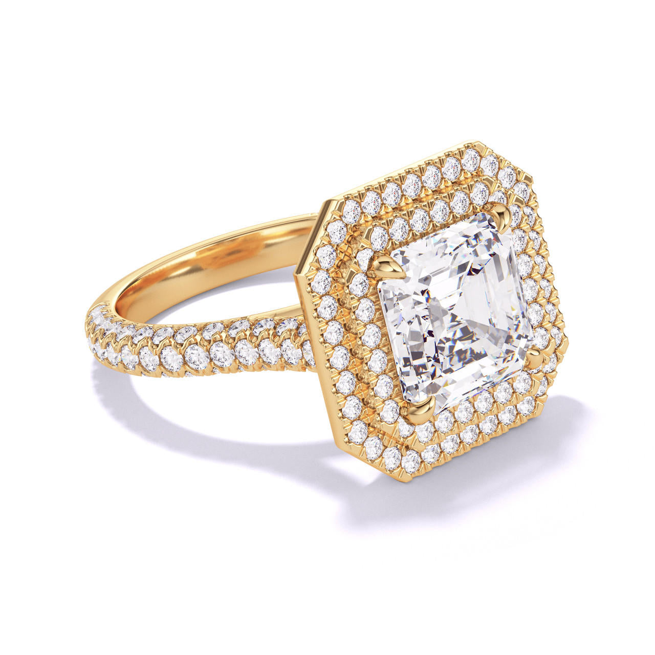 ASSCHER CUT DIAMOND ENGAGEMENT RING WITH A DOUBLE HALO THREE PHASES TRIPLE PAVE SETTING IN 18K YELLOW GOLD