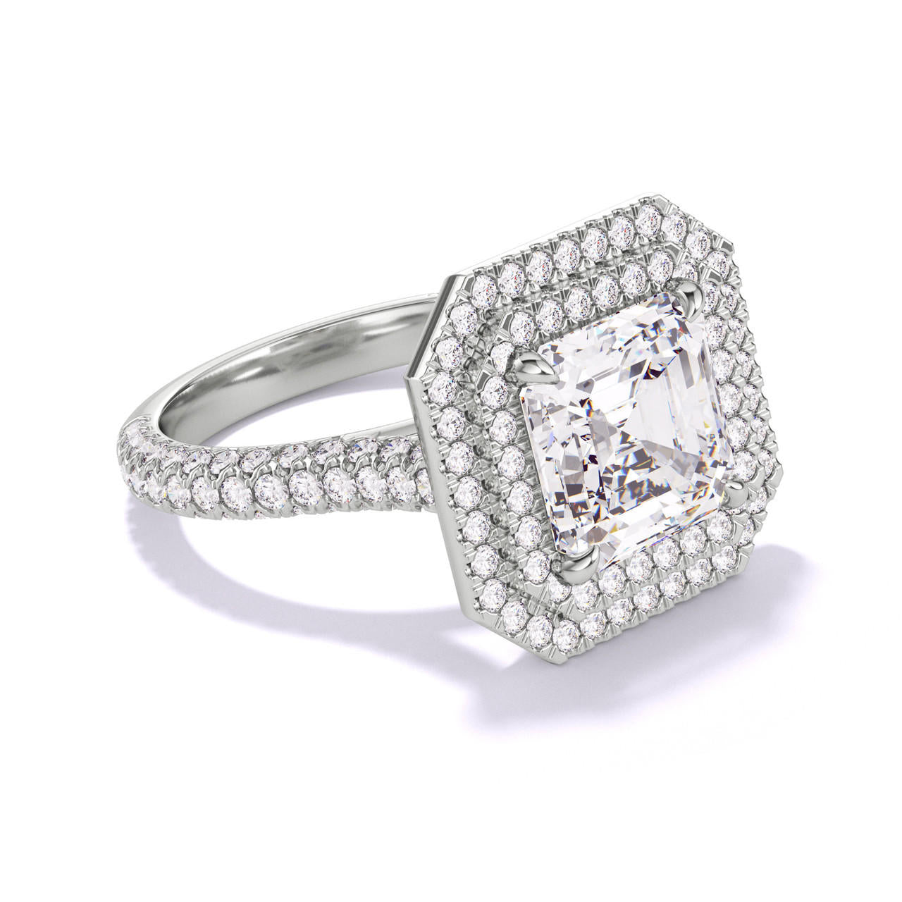 ASSCHER CUT DIAMOND ENGAGEMENT RING WITH A DOUBLE HALO THREE PHASES TRIPLE PAVE SETTING IN PLATINUM