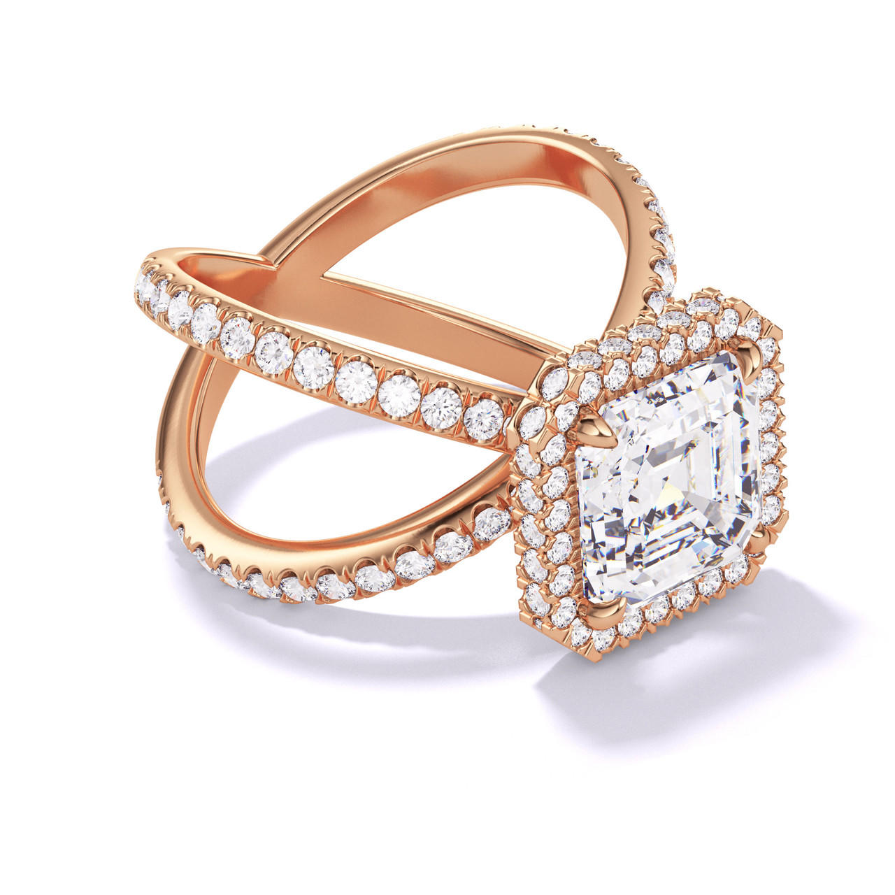 ASSCHER CUT DIAMOND ENGAGEMENT RING WITH A WRAPPED HALO AXIS PAVE SETTING IN 18K ROSE GOLD