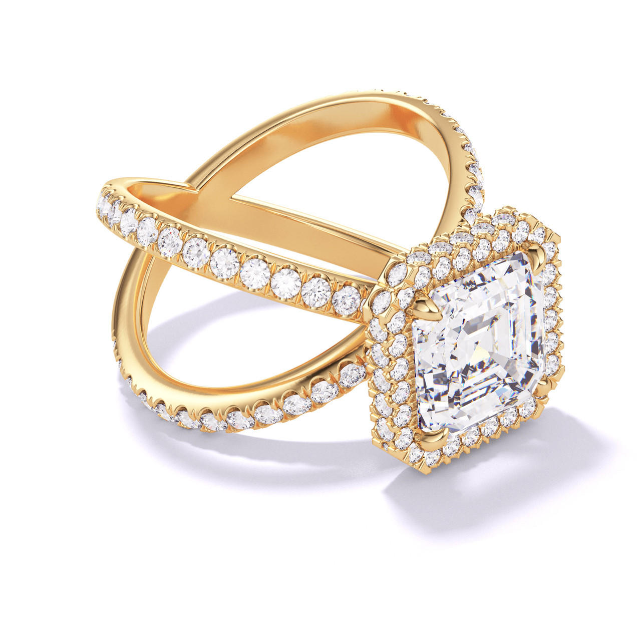 ASSCHER CUT DIAMOND ENGAGEMENT RING WITH A WRAPPED HALO AXIS PAVE SETTING IN 18K YELLOW GOLD