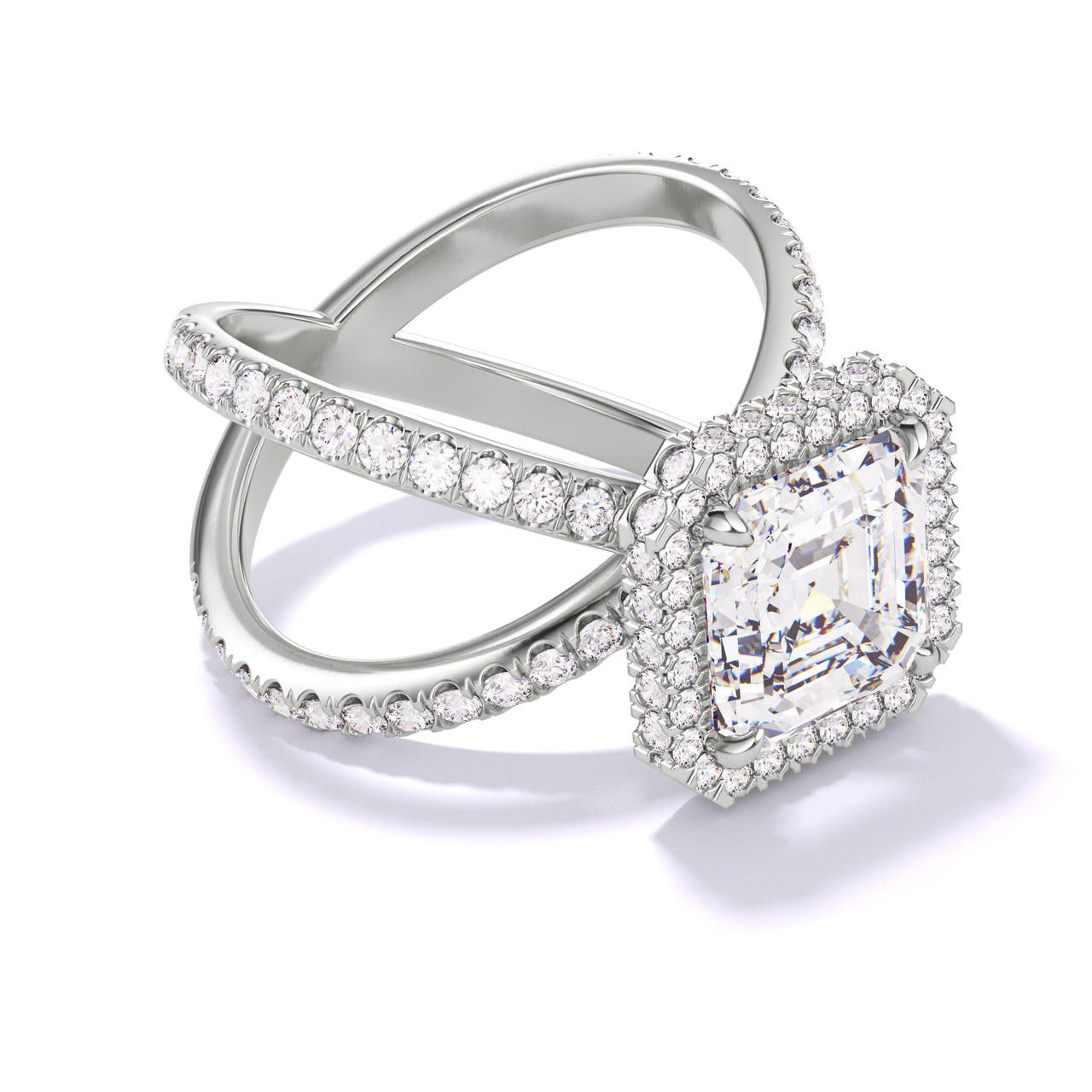 ASSCHER CUT DIAMOND ENGAGEMENT RING WITH A WRAPPED HALO AXIS PAVE SETTING IN PLATINUM