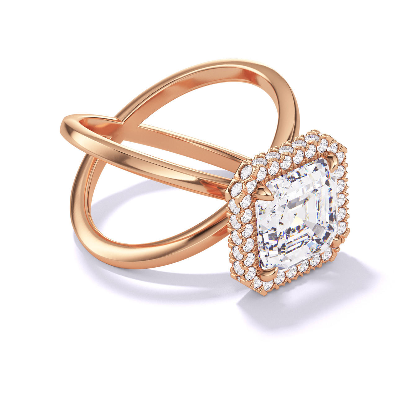 ASSCHER CUT DIAMOND ENGAGEMENT RING WITH A WRAPPED HALO AXIS SETTING IN 18K ROSE GOLD