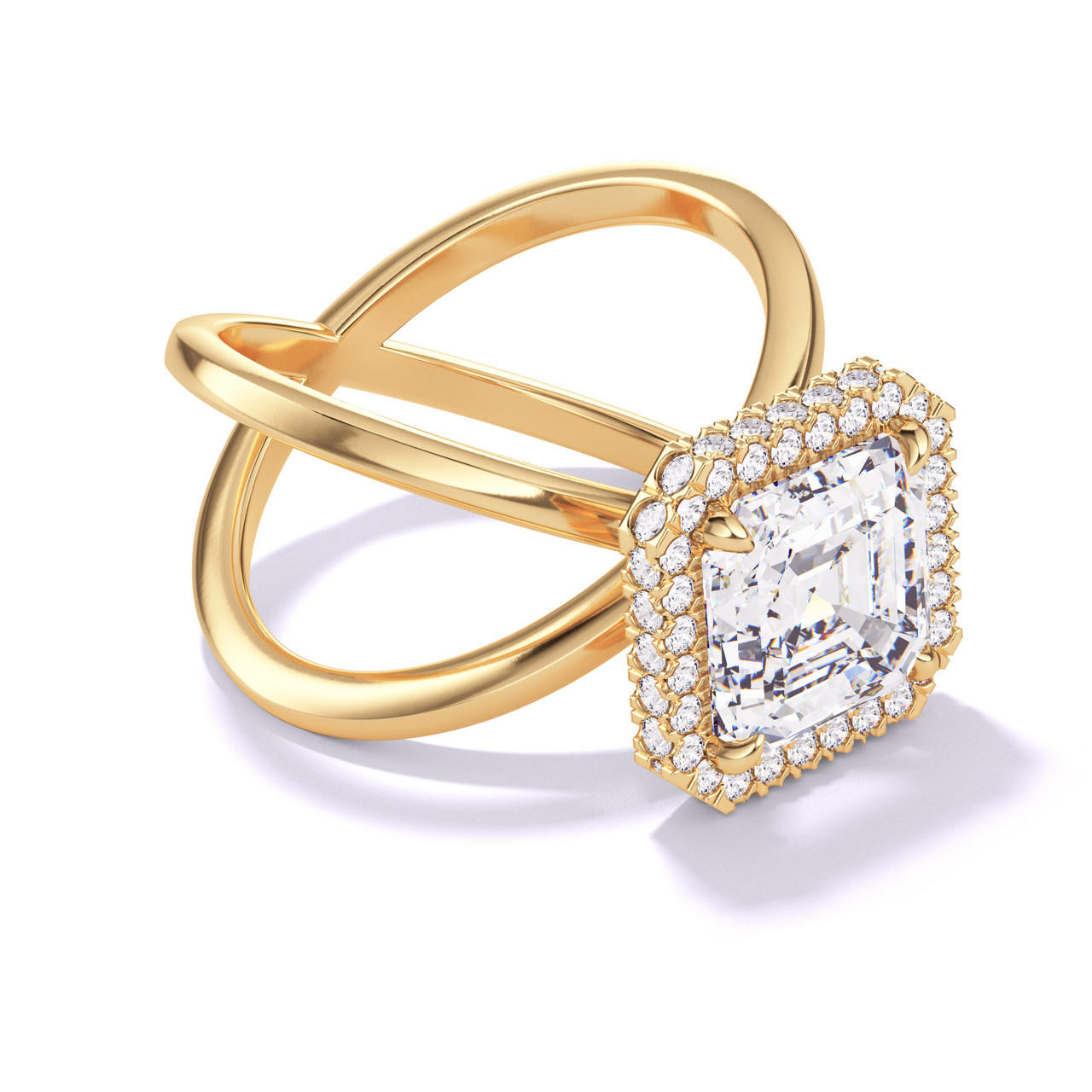 ASSCHER CUT DIAMOND ENGAGEMENT RING WITH A WRAPPED HALO AXIS SETTING IN 18K YELLOW GOLD