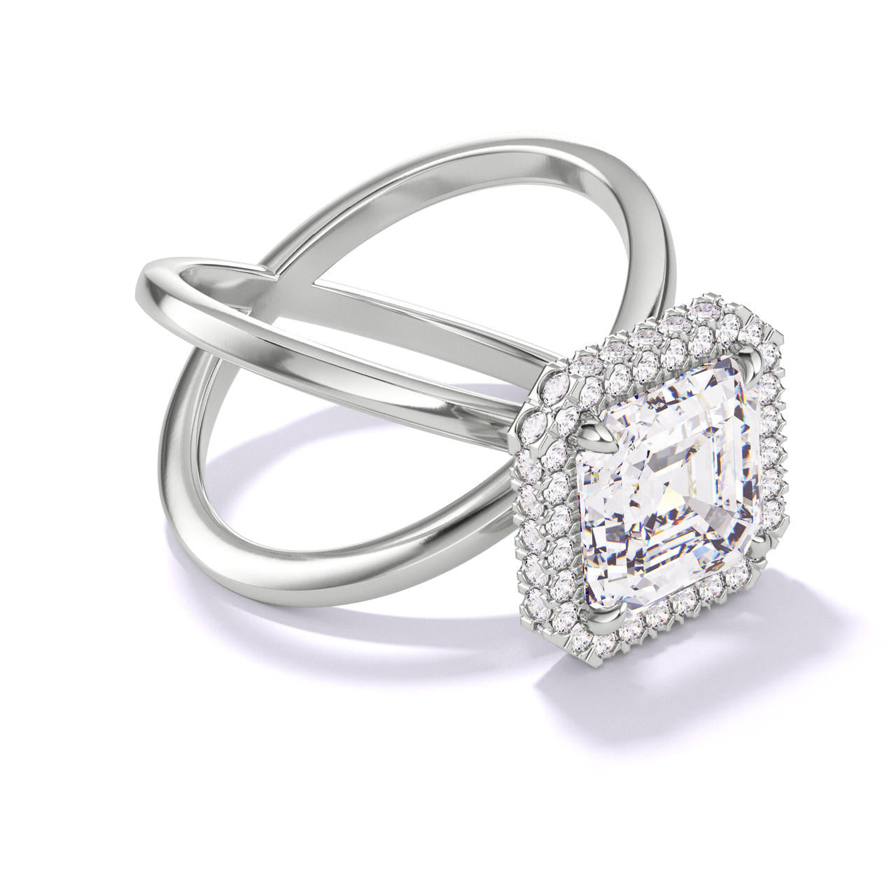 ASSCHER CUT DIAMOND ENGAGEMENT RING WITH A WRAPPED HALO AXIS SETTING IN PLATINUM