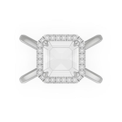ASSCHER CUT DIAMOND ENGAGEMENT RING WITH A WRAPPED HALO AXIS SETTING IN PLATINUM