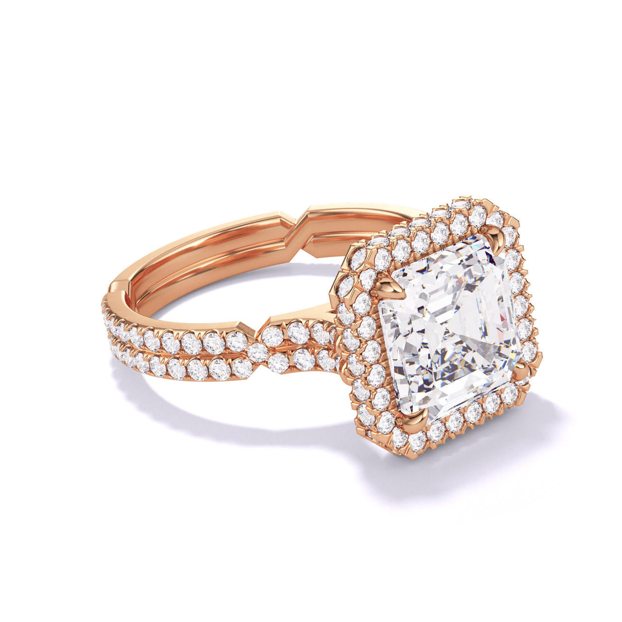 ASSCHER CUT DIAMOND ENGAGEMENT RING WITH A WRAPPED HALO CHANCE PAVE SETTING IN 18K ROSE GOLD