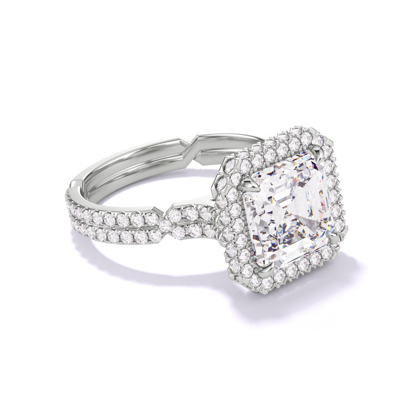 ASSCHER CUT DIAMOND ENGAGEMENT RING WITH A WRAPPED HALO CHANCE PAVE SETTING IN PLATINUM