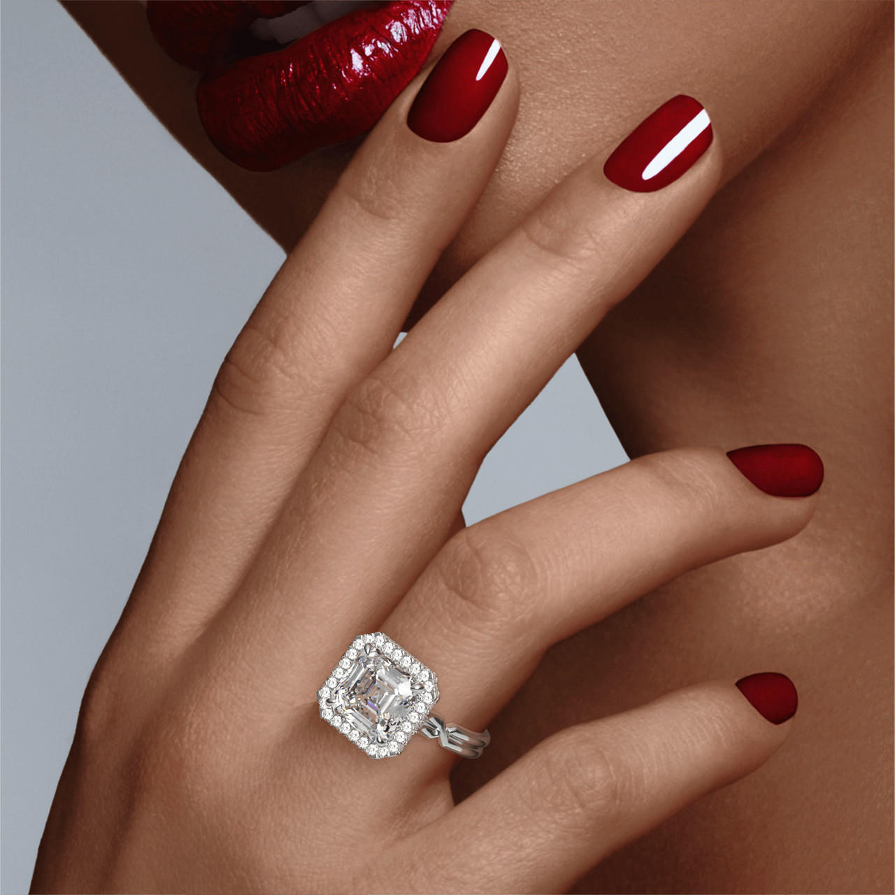 ASSCHER CUT DIAMOND ENGAGEMENT RING WITH A WRAPPED HALO CHANCE SETTING IN PLATINUM
