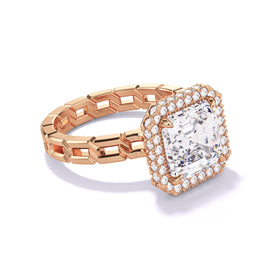 An angled shot of an Asscher Cut Diamond Engagement Ring with a wrapped halo 16 links setting in 18k rose gold.