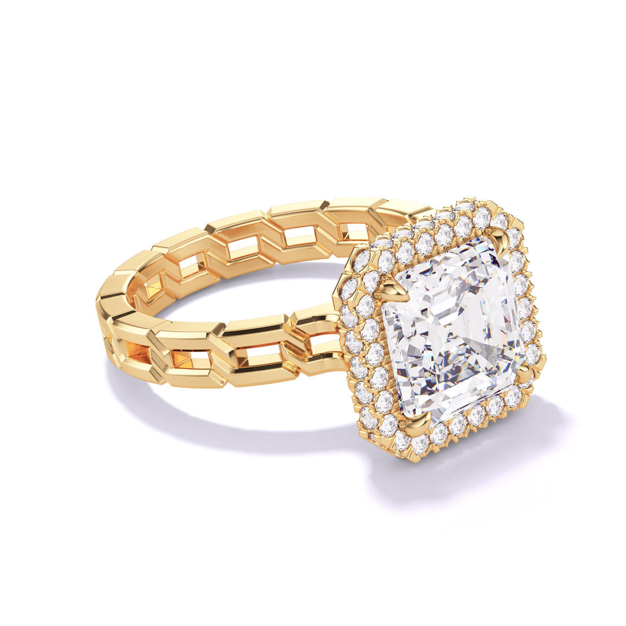 ASSCHER CUT DIAMOND ENGAGEMENT RING WITH A WRAPPED HALO 16 LINKS SETTING IN 18K YELLOW GOLD