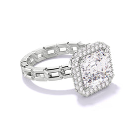 A Platinum metal Asscher Cut Diamond Engagement Ring with a Wrapped Halo 16 Links Setting by Lindsey Scoggins Studio.