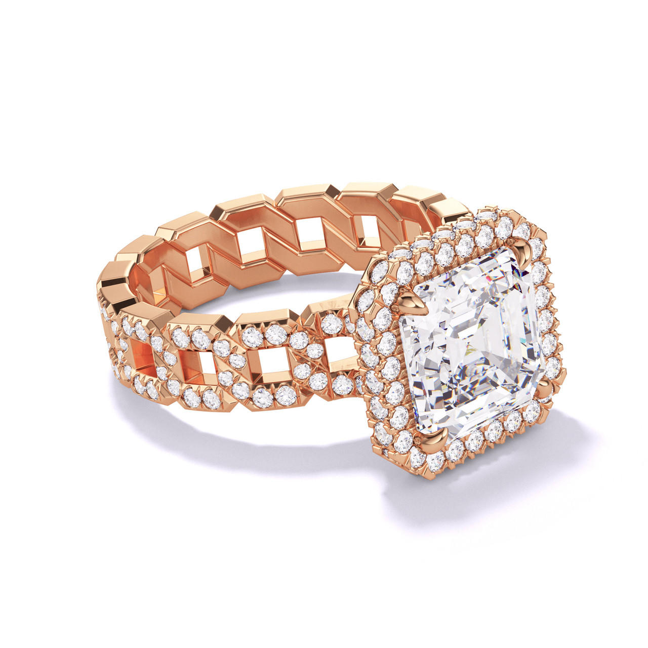 ASSCHER CUT DIAMOND ENGAGEMENT RING WITH A WRAPPED HALO 16 PAVE LINKS SETTING IN 18K ROSE GOLD