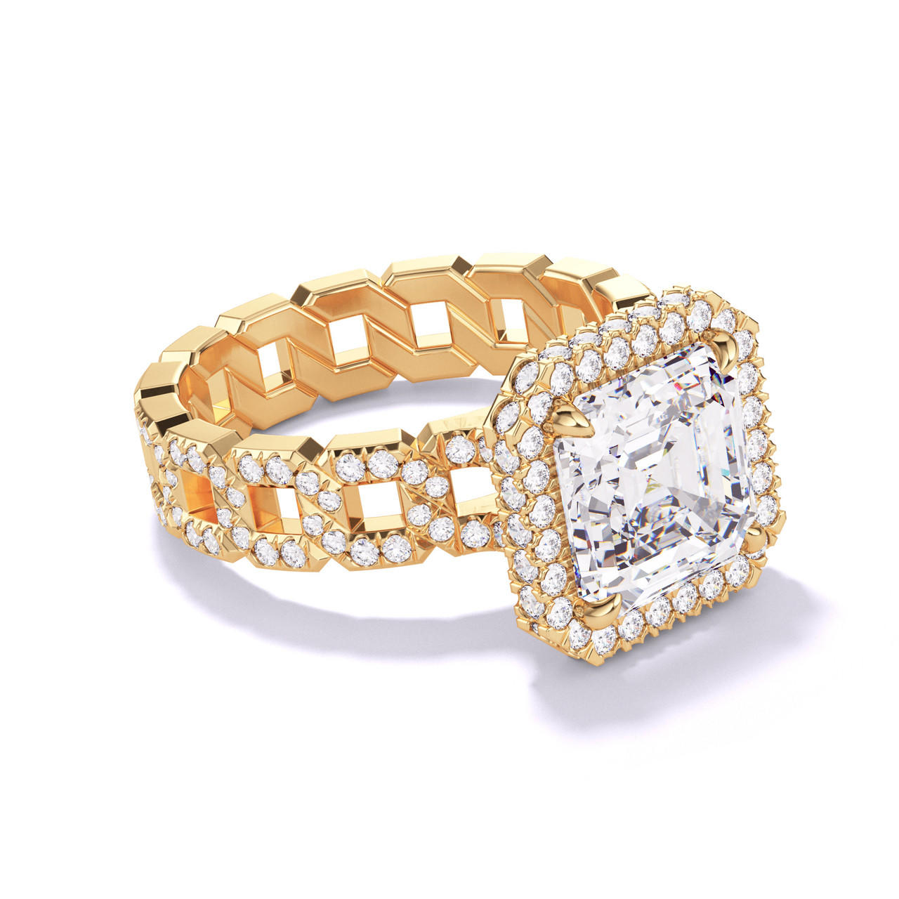 ASSCHER CUT DIAMOND ENGAGEMENT RING WITH A WRAPPED HALO 16 PAVE LINKS SETTING IN 18K YELLOW GOLD